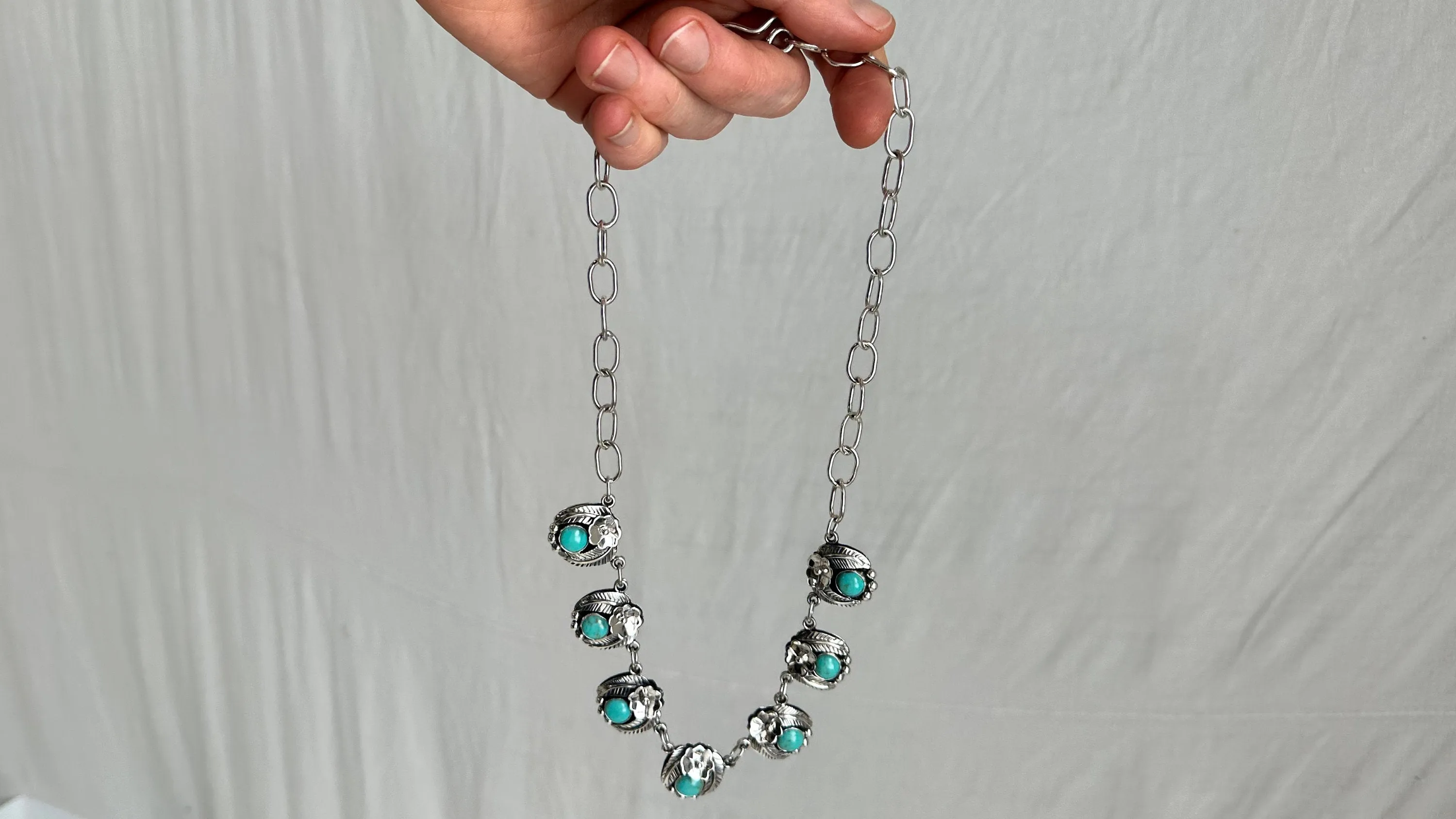 Silver & Turquoise Flowers Necklace. Taxco. Stunning! 0487