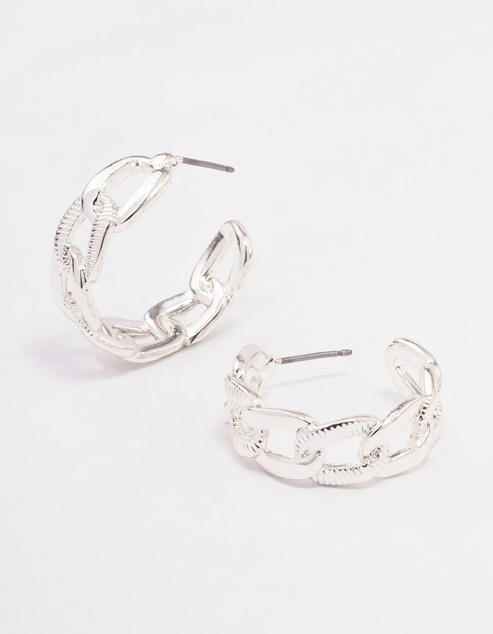 Silver Textured Link Hoop Earrings