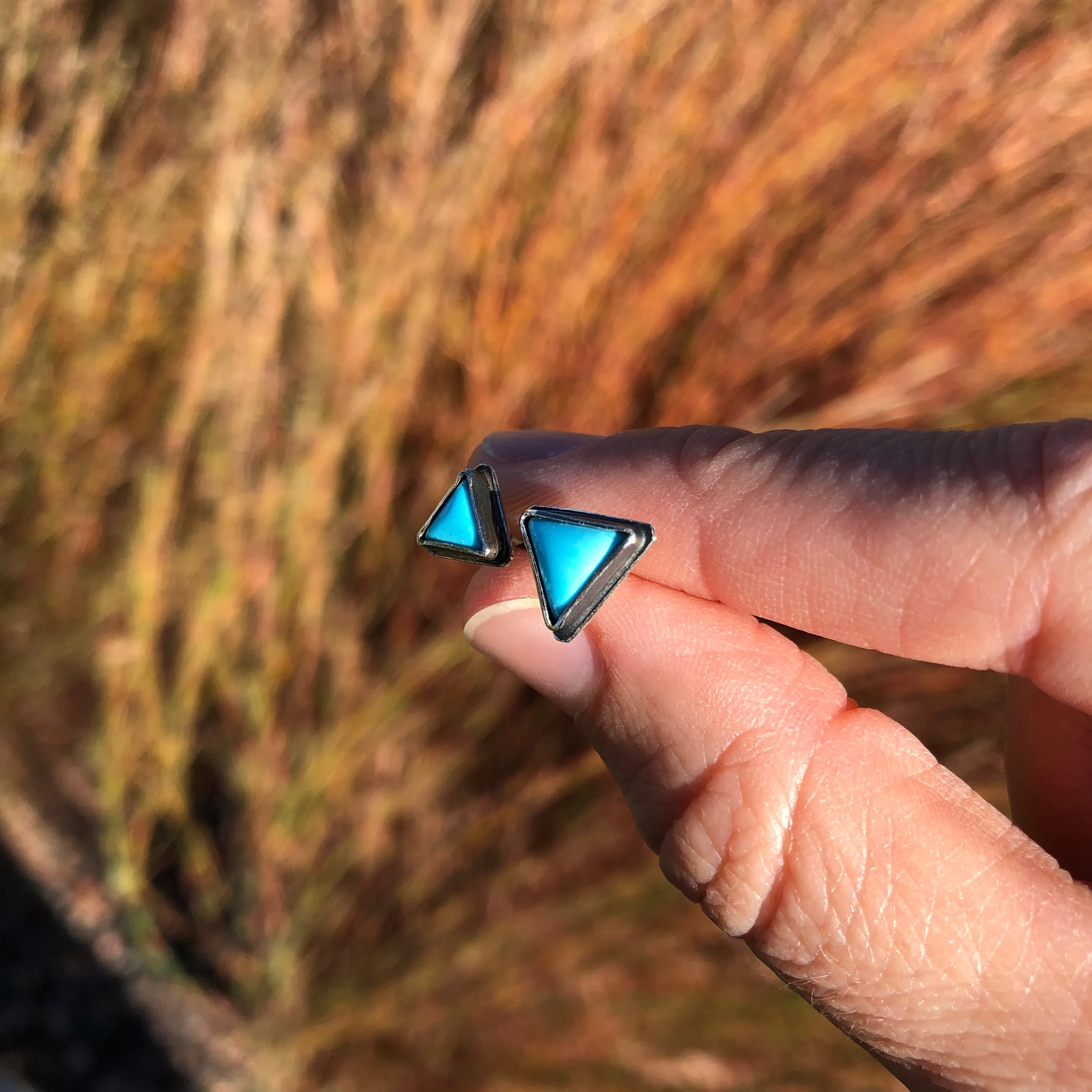 Small Triangular Turquoise Studs in Oxidized Silver