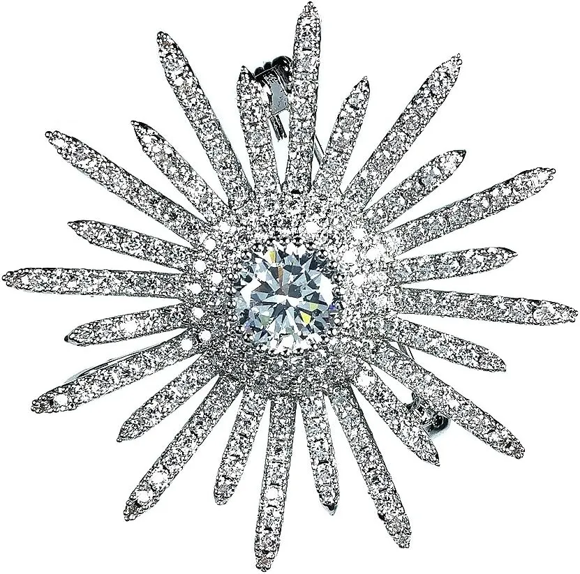 Sparkling Silver Tone Micro Pave Round Shaped Burst Star Brooches Collar Lapel Pins Atomic Jewelry