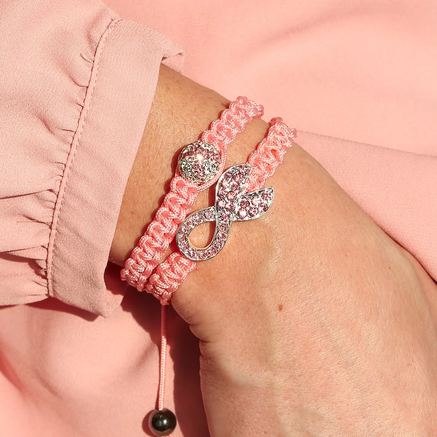 Stackable Pink Ribbon Cancer Survivor Strand Bracelet with Pave Crystal Ball
