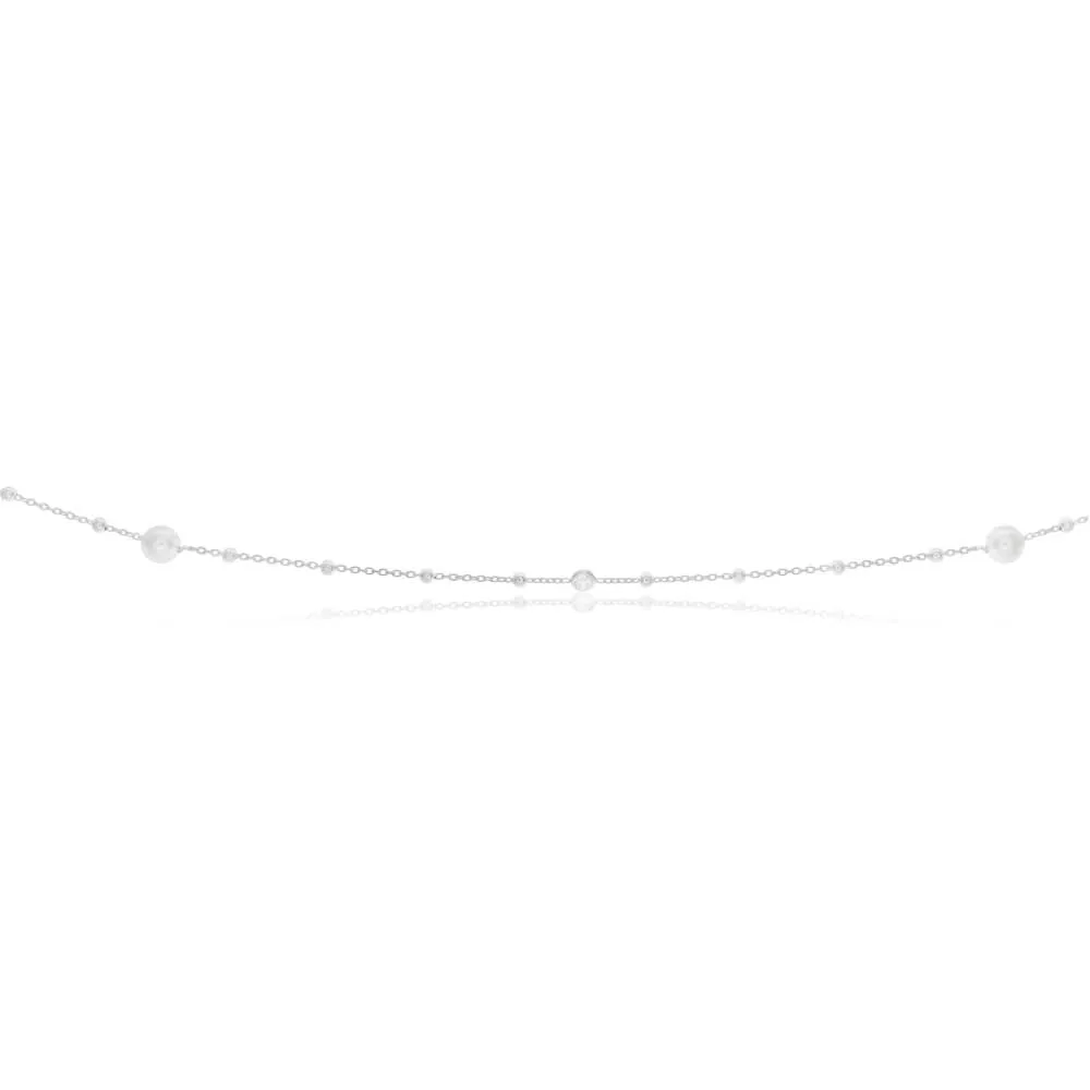 Sterling Silver Simulated Pearl, Bead and Zirconia Long Chain 80cm