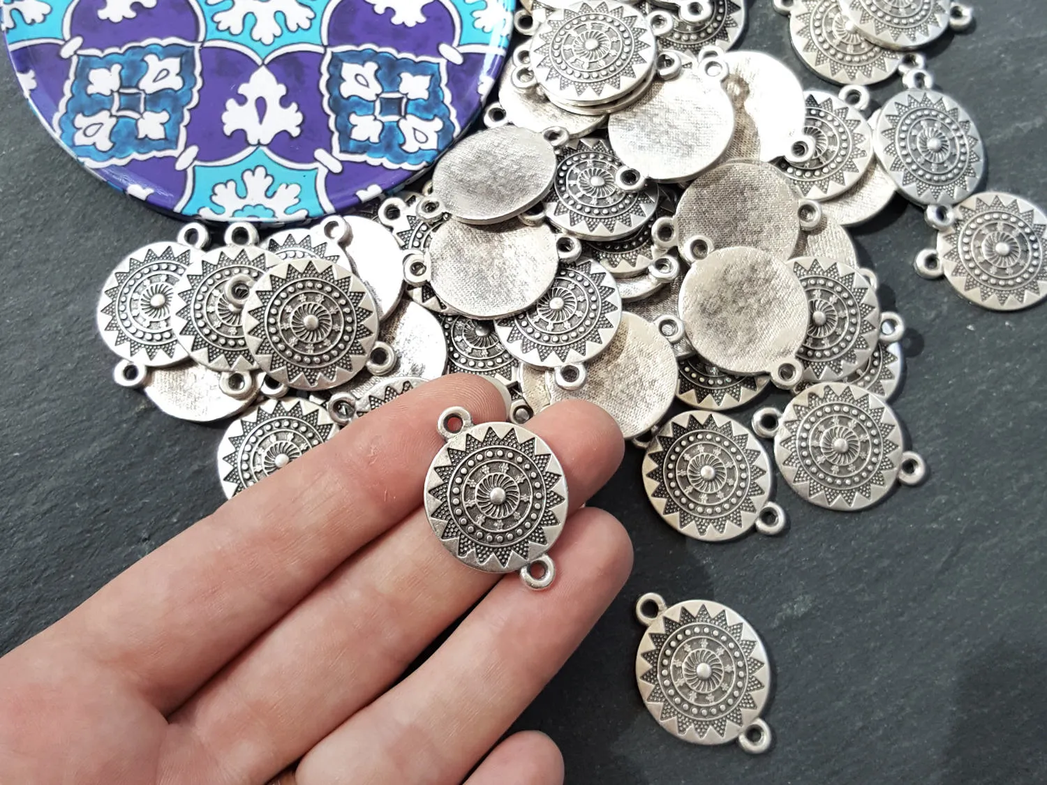 Sun Mandala Pendant Connector, Round Disc Charm, Zen Yoga Pendant Boho Jewelry, 2 Holes - Matte Antique Silver Plated - 2PC