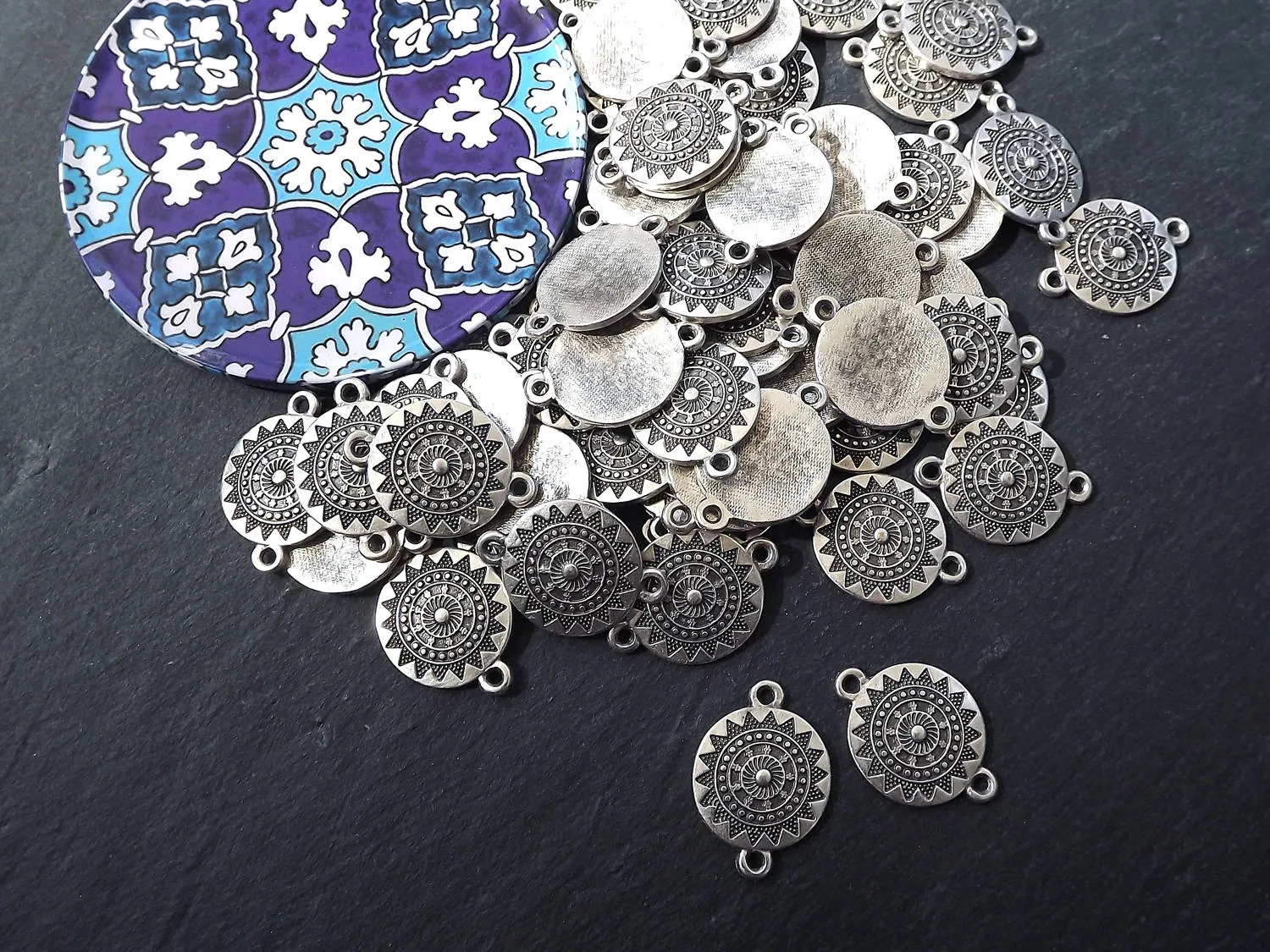 Sun Mandala Pendant Connector, Round Disc Charm, Zen Yoga Pendant Boho Jewelry, 2 Holes - Matte Antique Silver Plated - 2PC