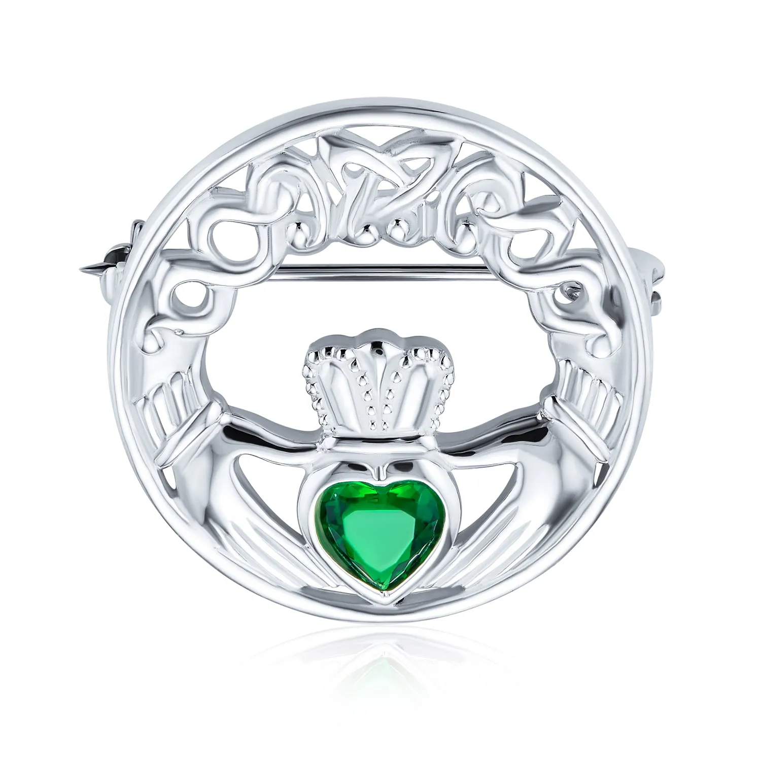Traditional Irish Celtic Claddagh Brooche Pin with Red Heart CZ Sterling Silver