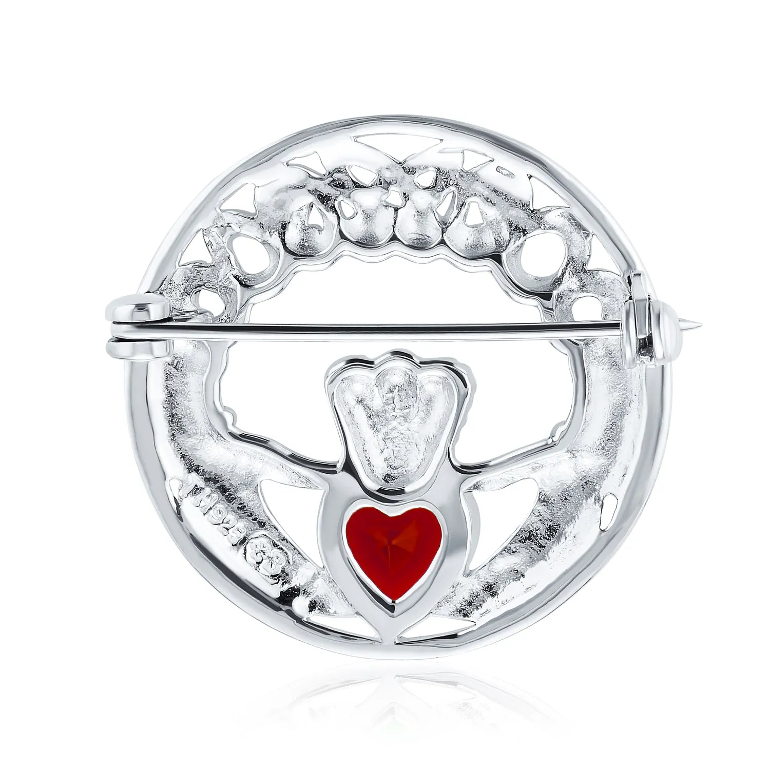 Traditional Irish Celtic Claddagh Brooche Pin with Red Heart CZ Sterling Silver
