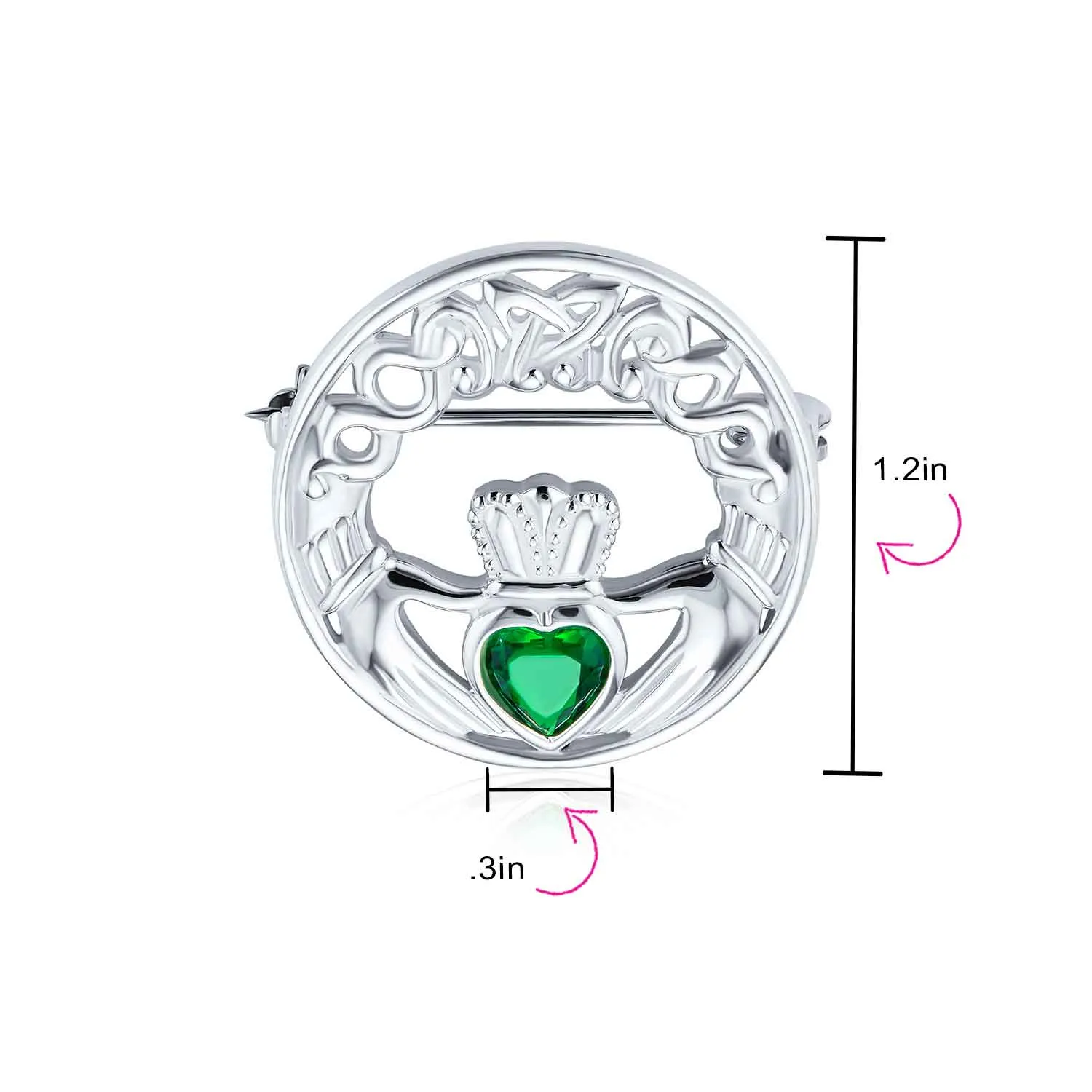 Traditional Irish Celtic Claddagh Brooche Pin with Red Heart CZ Sterling Silver