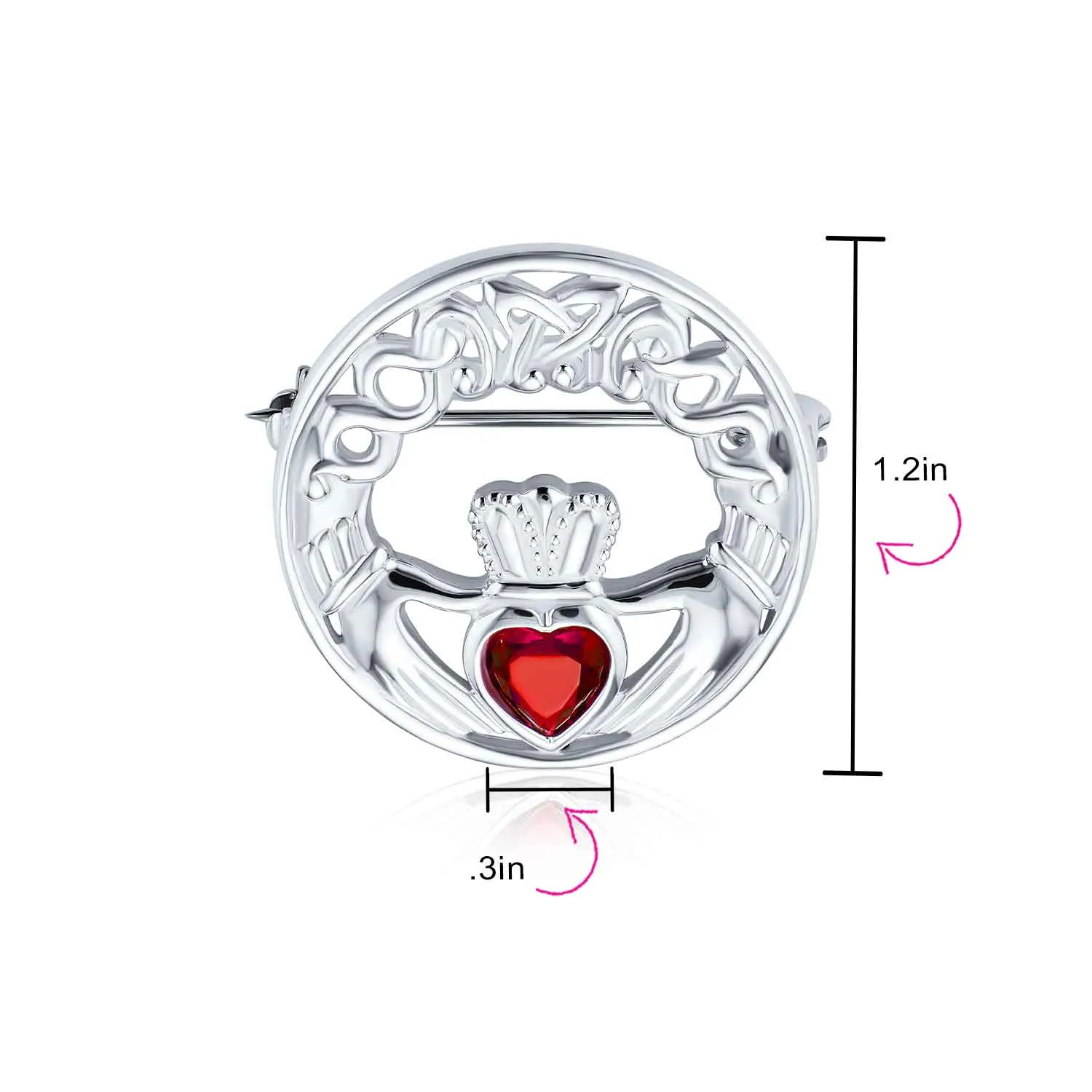 Traditional Irish Celtic Claddagh Brooche Pin with Red Heart CZ Sterling Silver