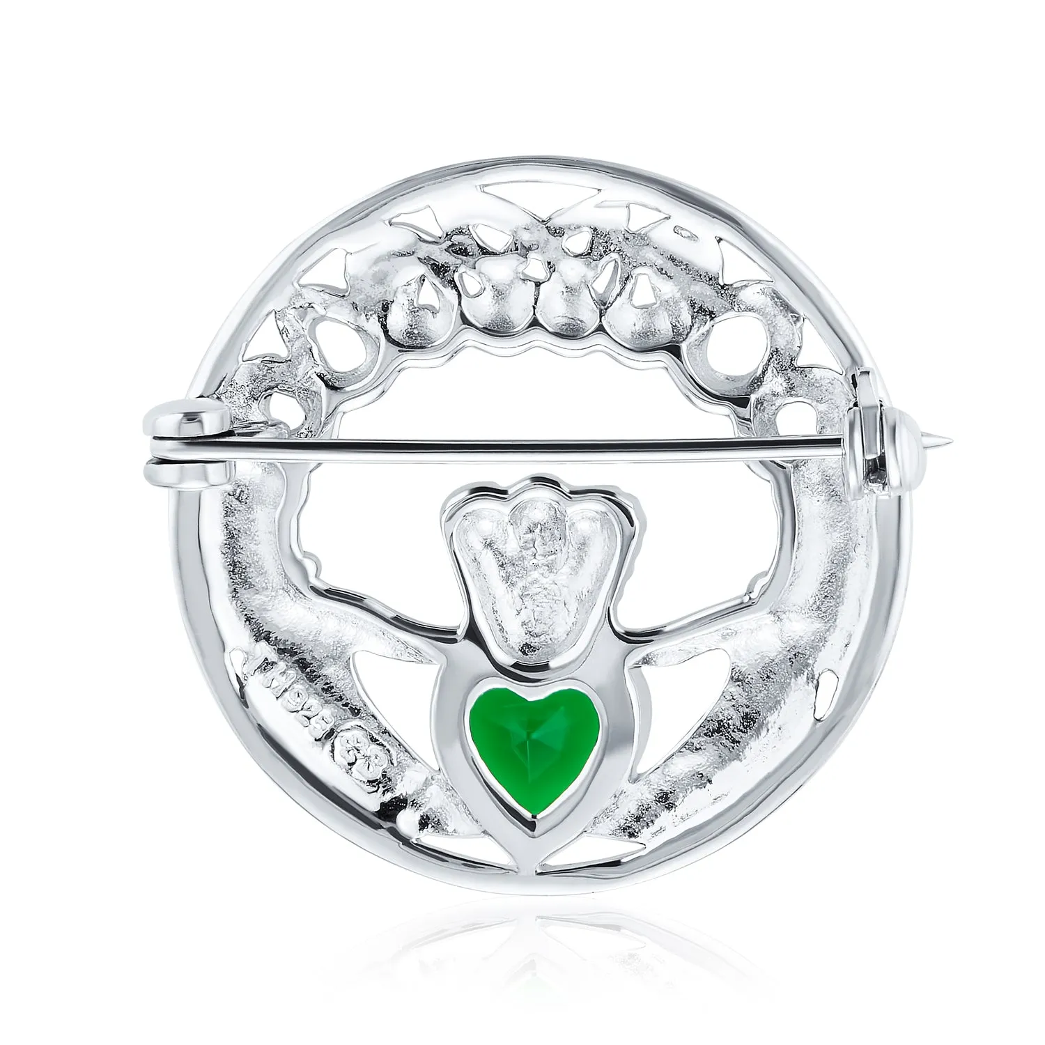 Traditional Irish Celtic Claddagh Brooche Pin with Red Heart CZ Sterling Silver