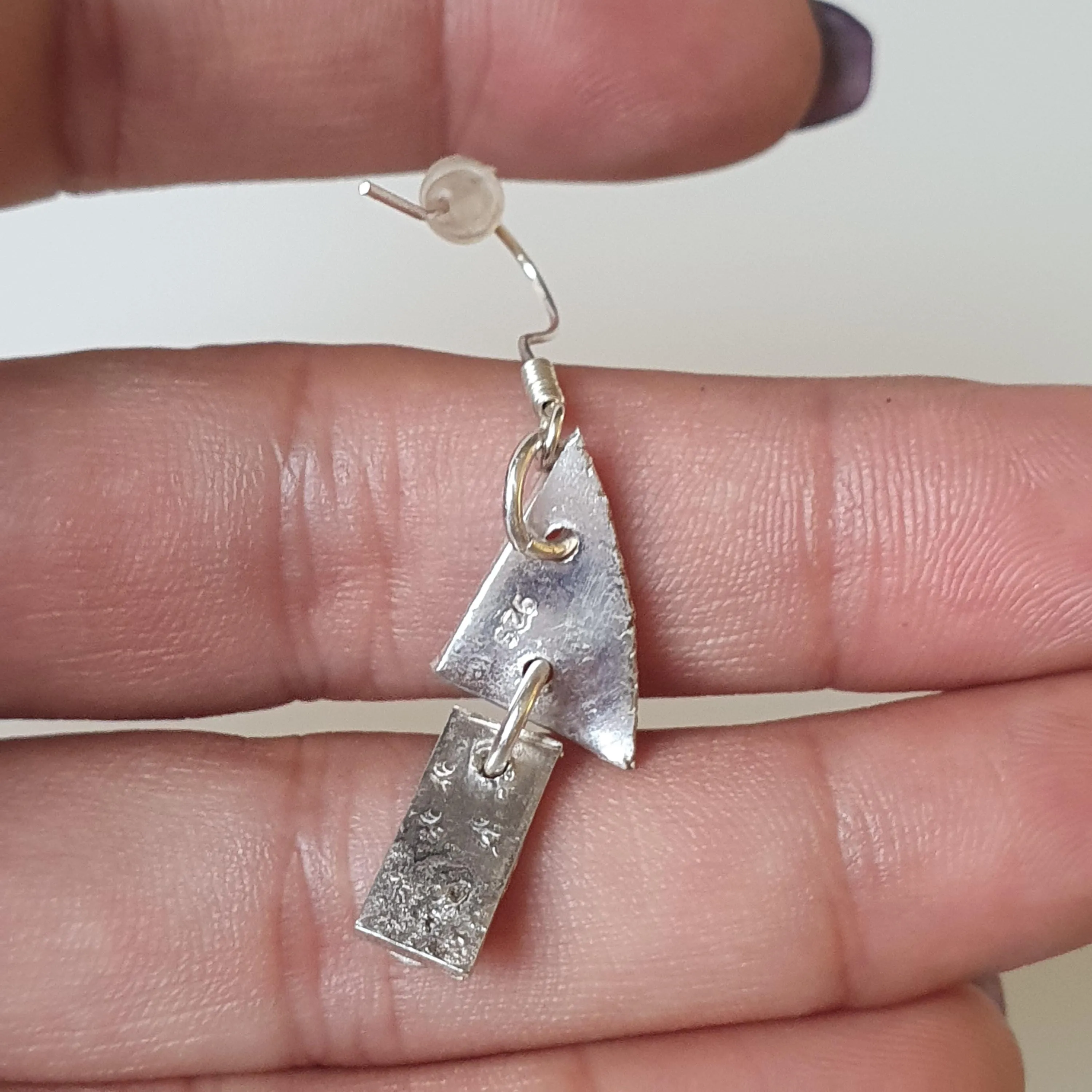 Upcycled Reworked Recycled Single Earring, Drop Dangle, Scrap Silver Dainty Quirky Charm Fashion Statement Jewelry,925,Sterling Silver