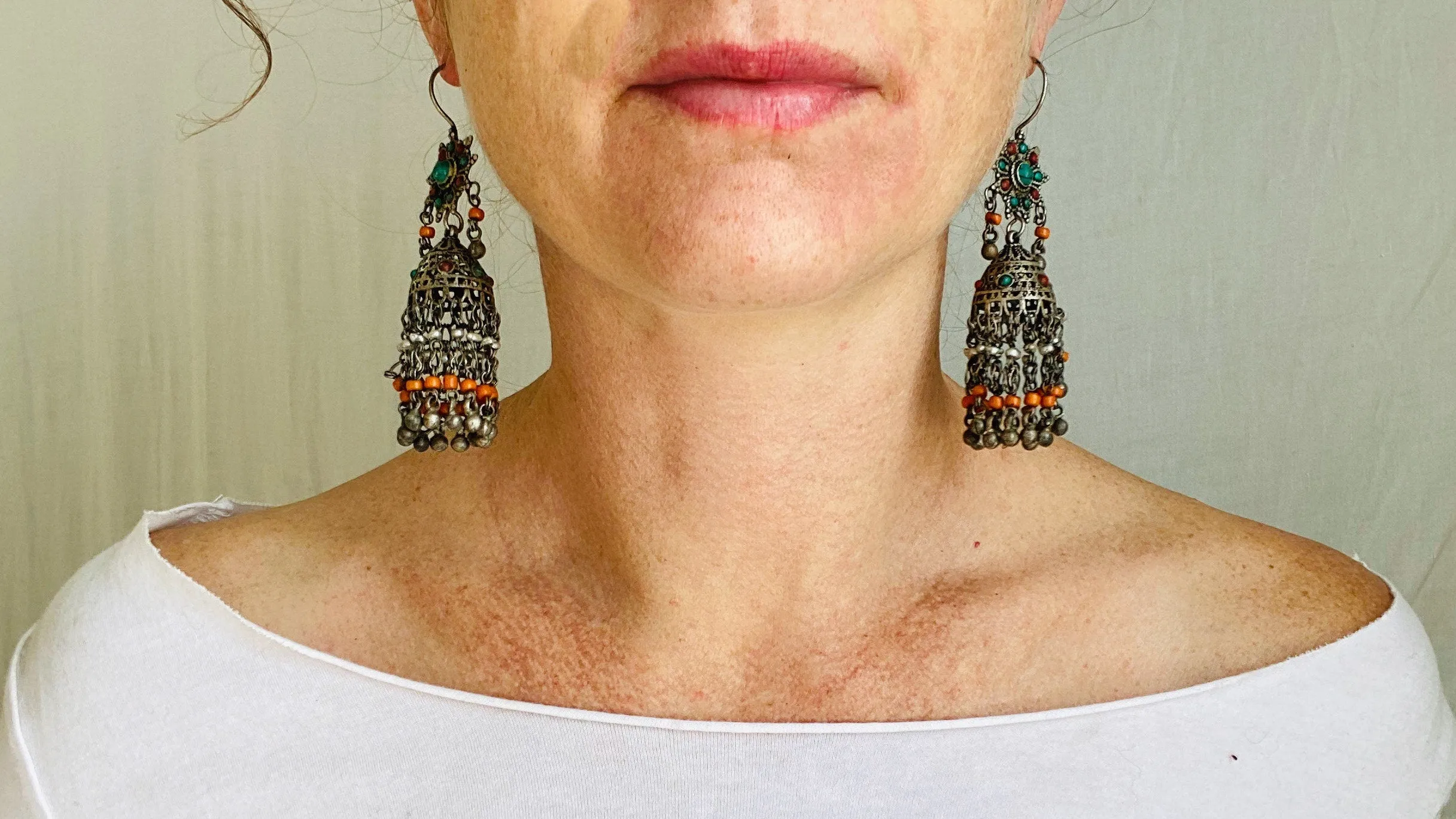 Uzbek Earrings. Jhumkas. Sterling Silver & Pearl. 0212