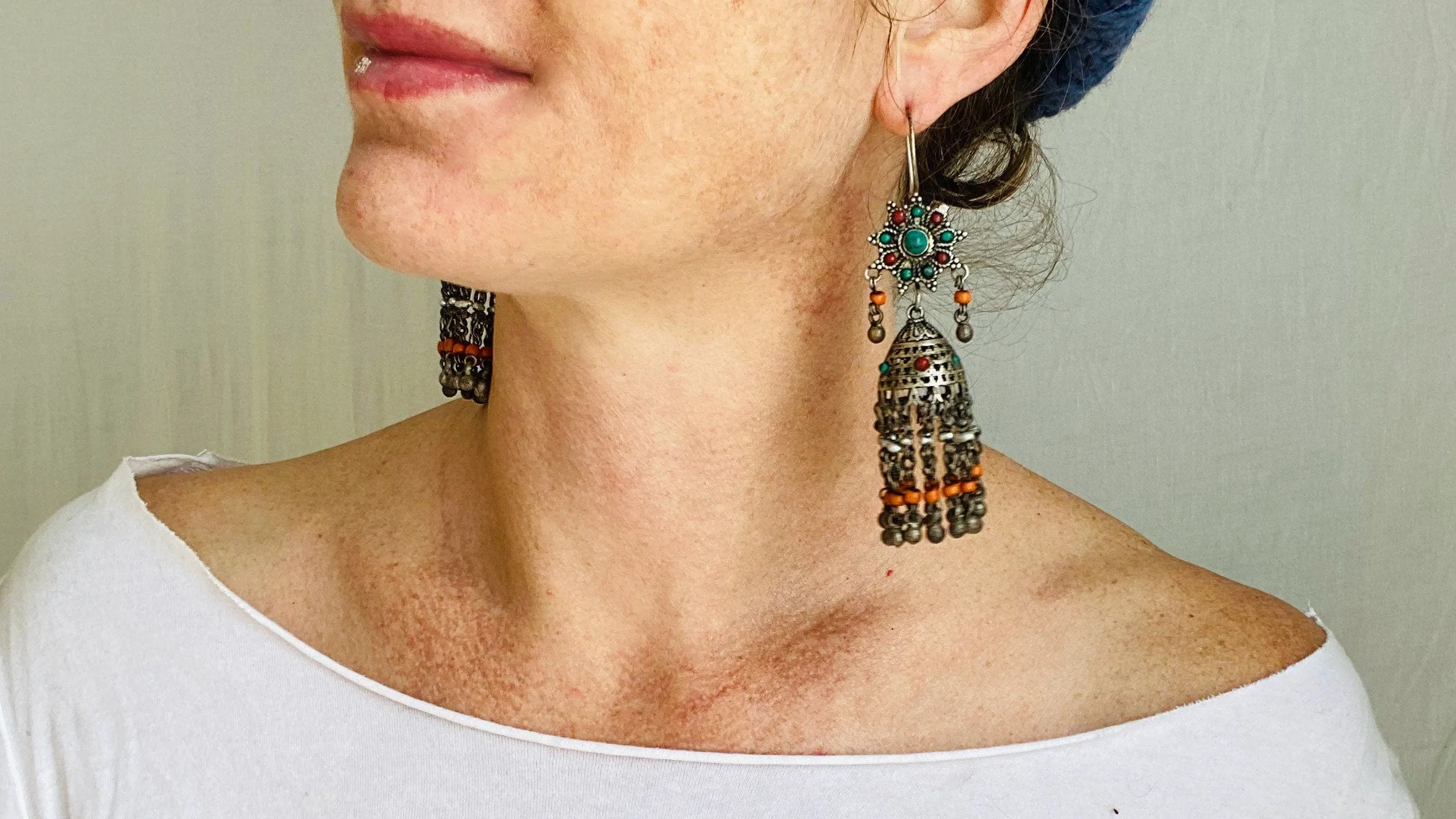 Uzbek Earrings. Jhumkas. Sterling Silver & Pearl. 0212