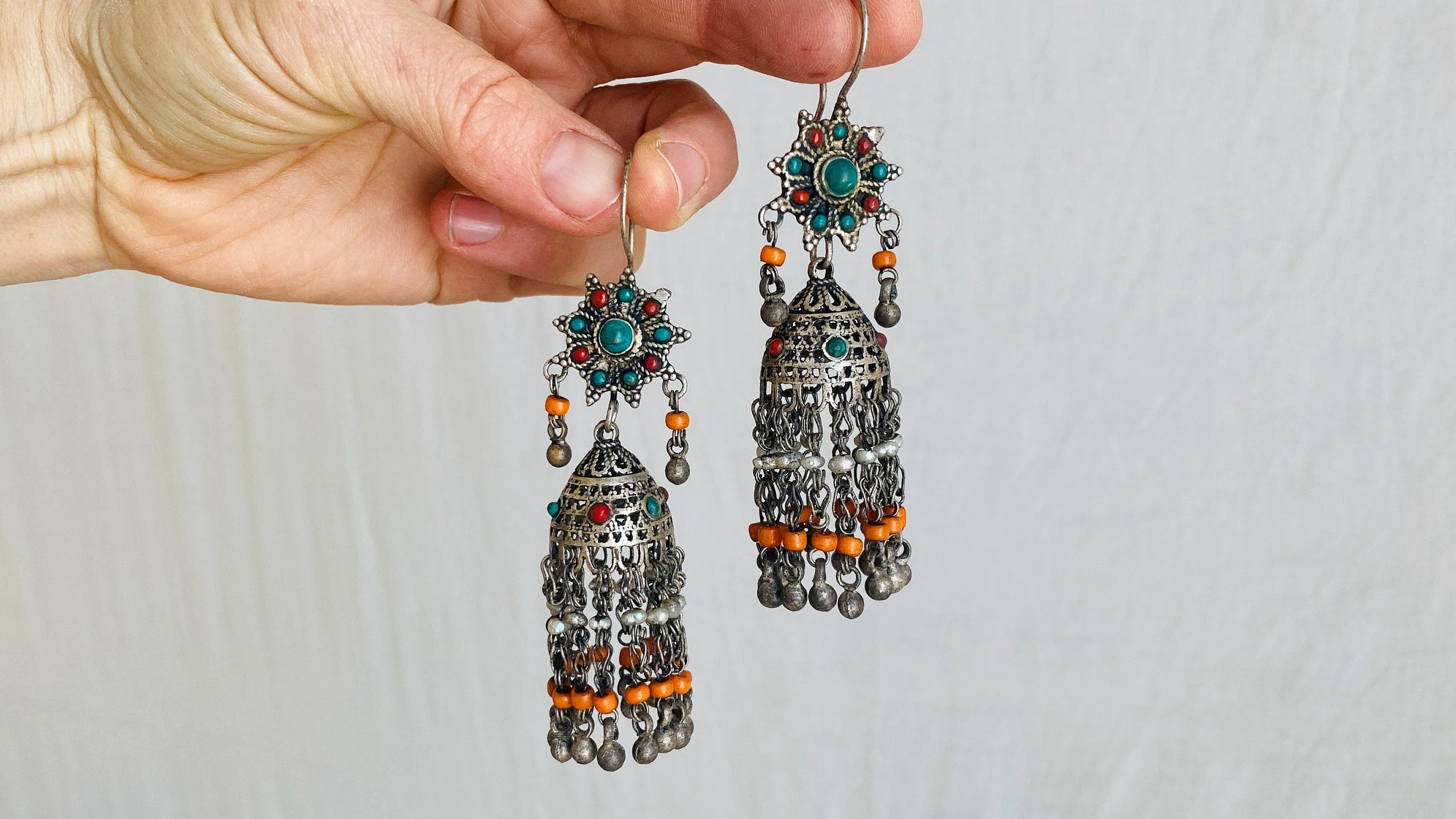 Uzbek Earrings. Jhumkas. Sterling Silver & Pearl. 0212