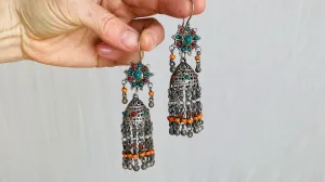 Uzbek Earrings. Jhumkas. Sterling Silver & Pearl. 0212