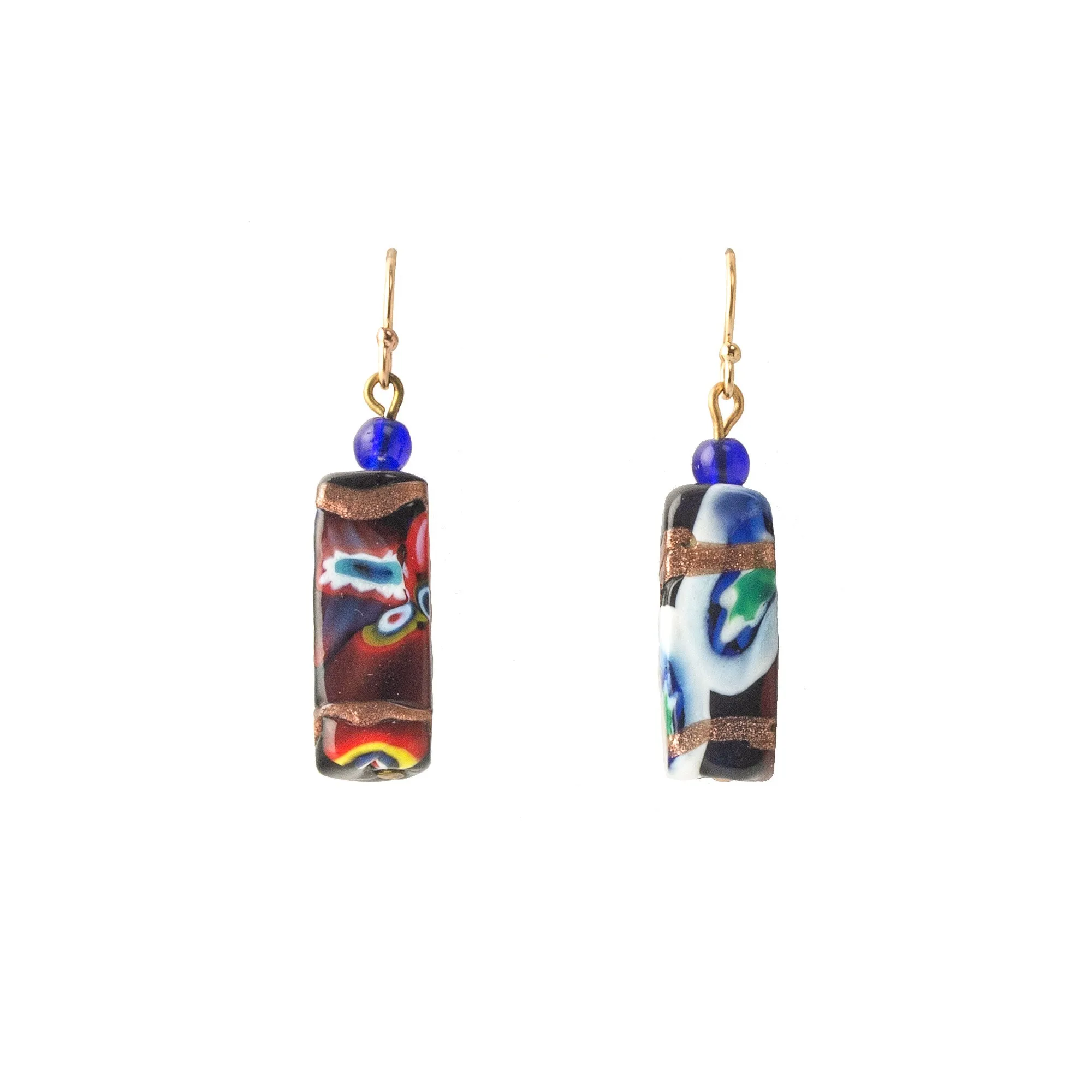 Venetian aventurine and millefiori glass bead earrings. 1950s. erbg879