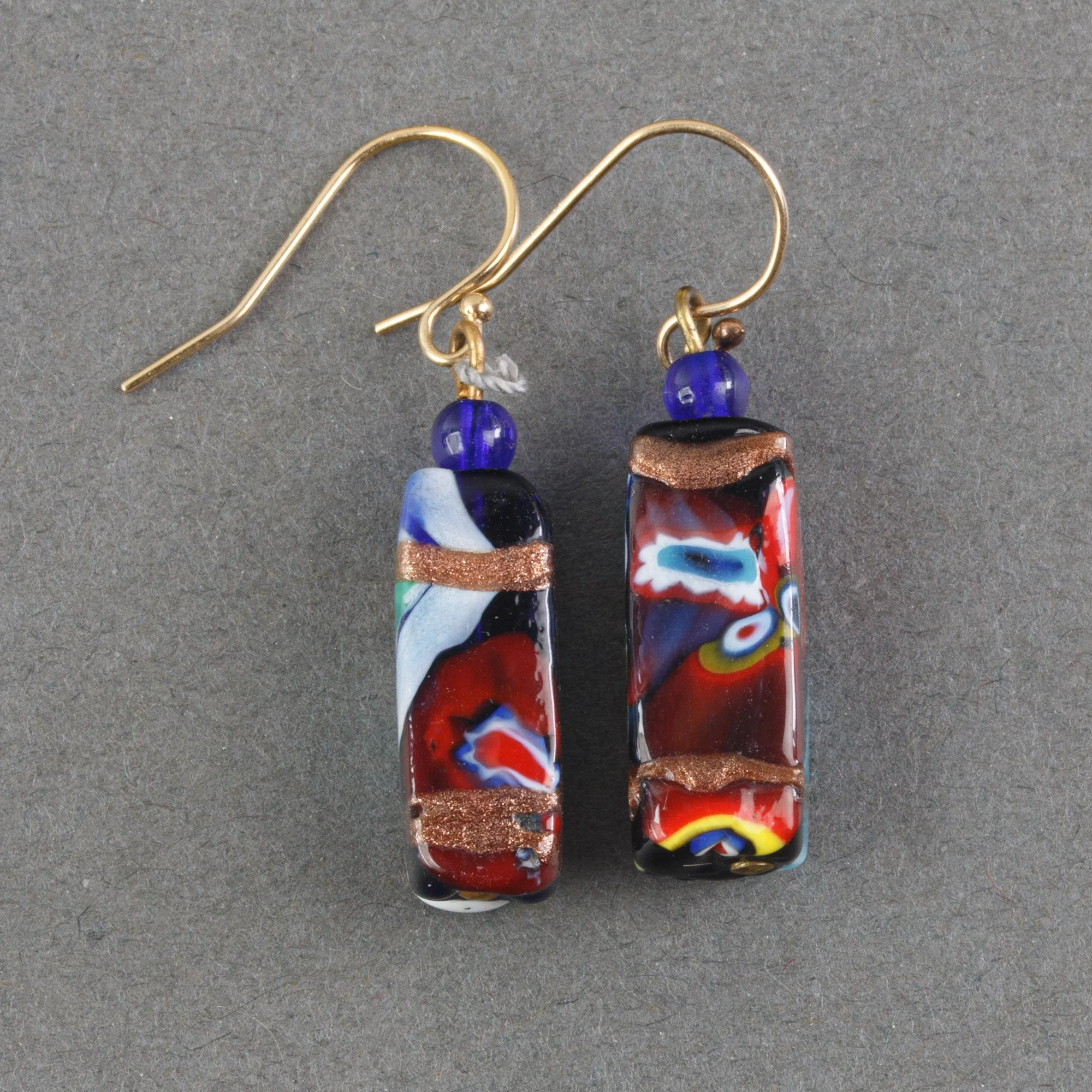 Venetian aventurine and millefiori glass bead earrings. 1950s. erbg879