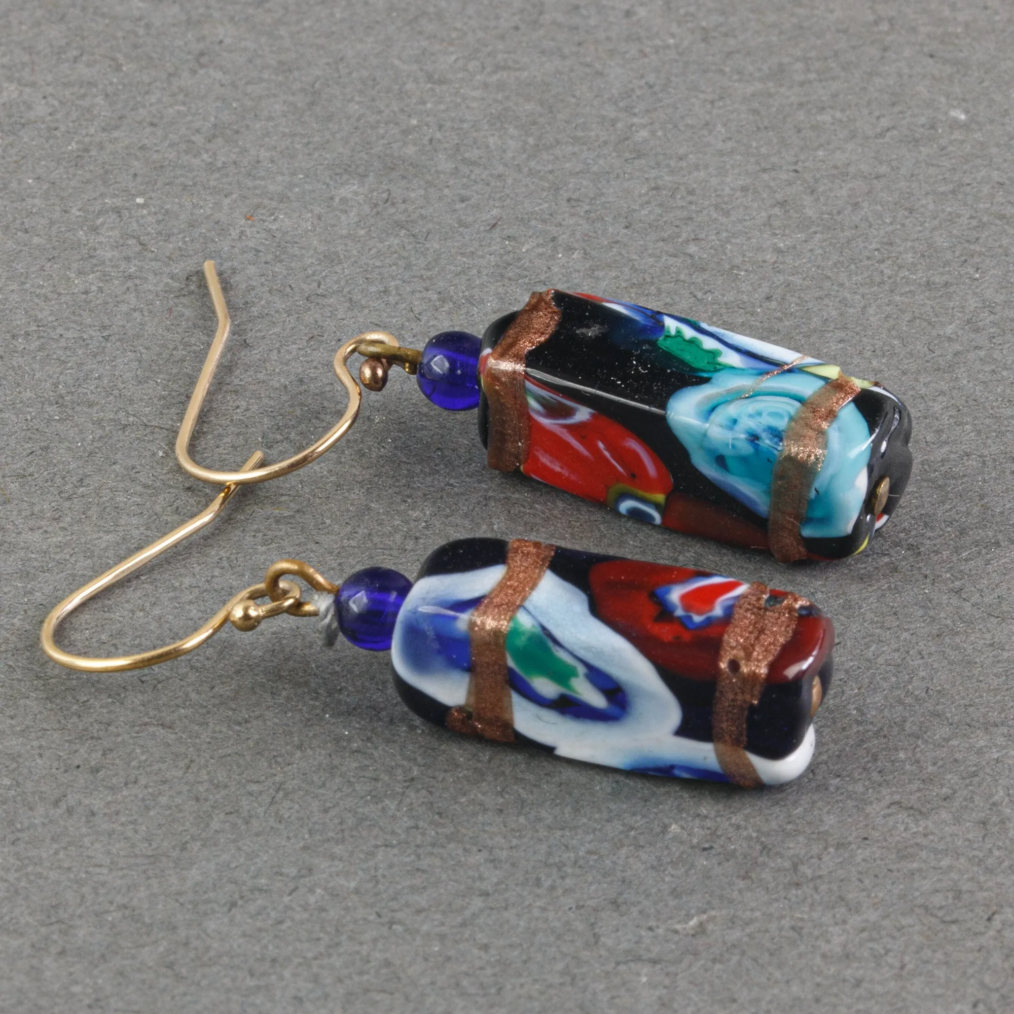 Venetian aventurine and millefiori glass bead earrings. 1950s. erbg879