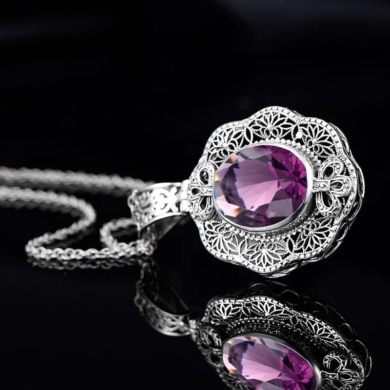 Vintage Amethyst Flower Pendant - 925 Sterling Silver (No Chain)