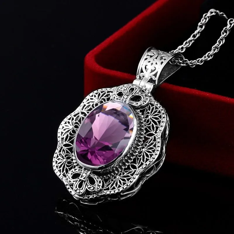 Vintage Amethyst Flower Pendant - 925 Sterling Silver (No Chain)