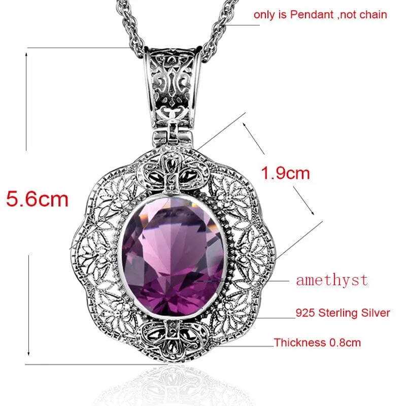 Vintage Amethyst Flower Pendant - 925 Sterling Silver (No Chain)