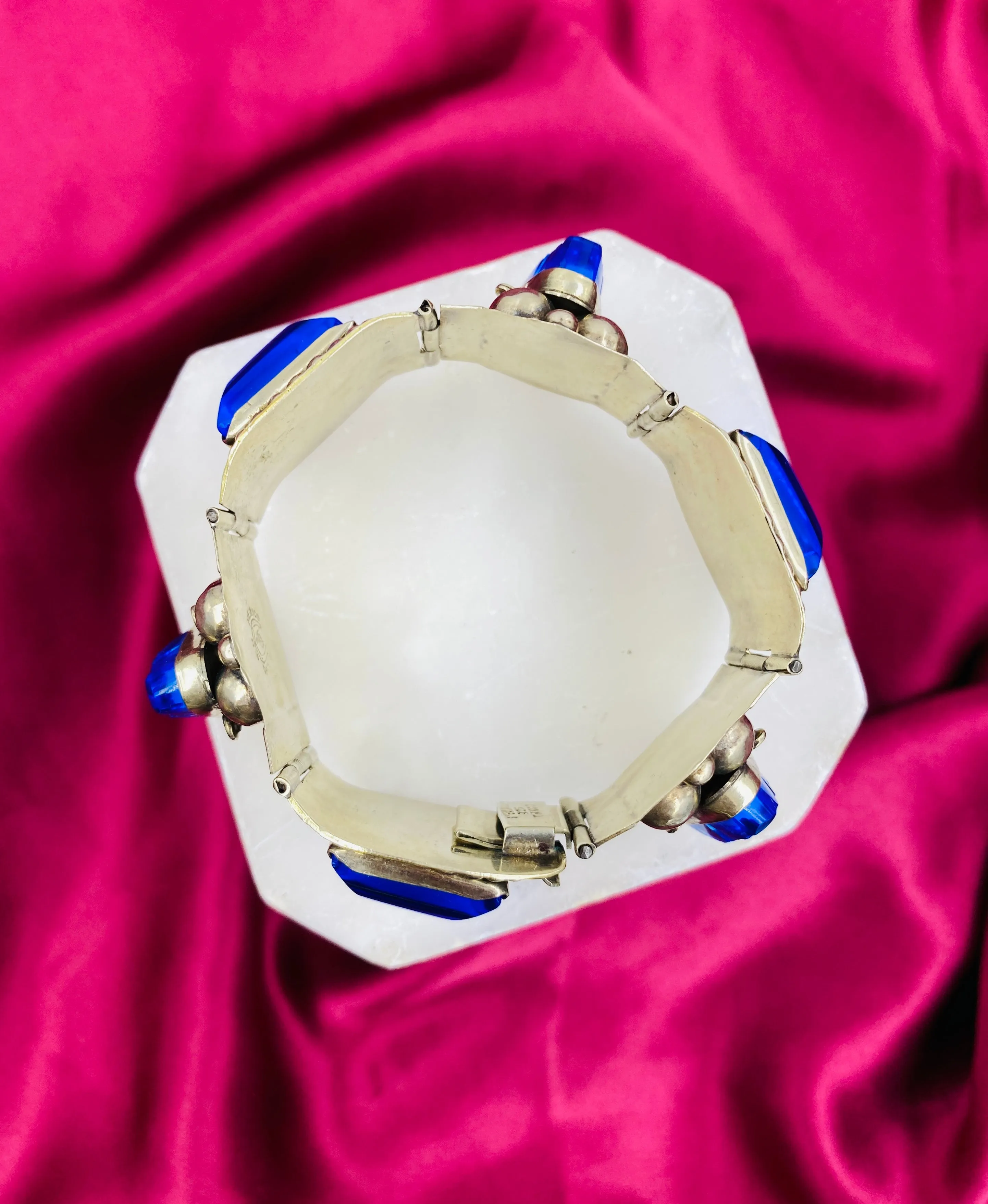 Vintage Taxco Sterling Silver Blue Glass Panel Bracelet