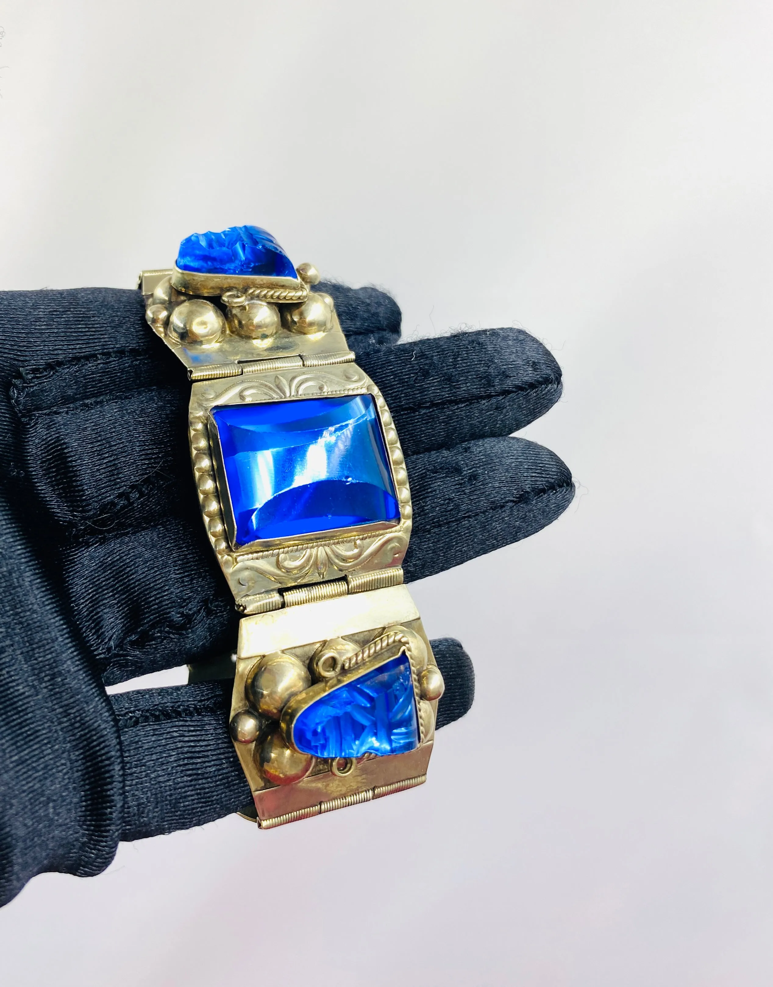 Vintage Taxco Sterling Silver Blue Glass Panel Bracelet