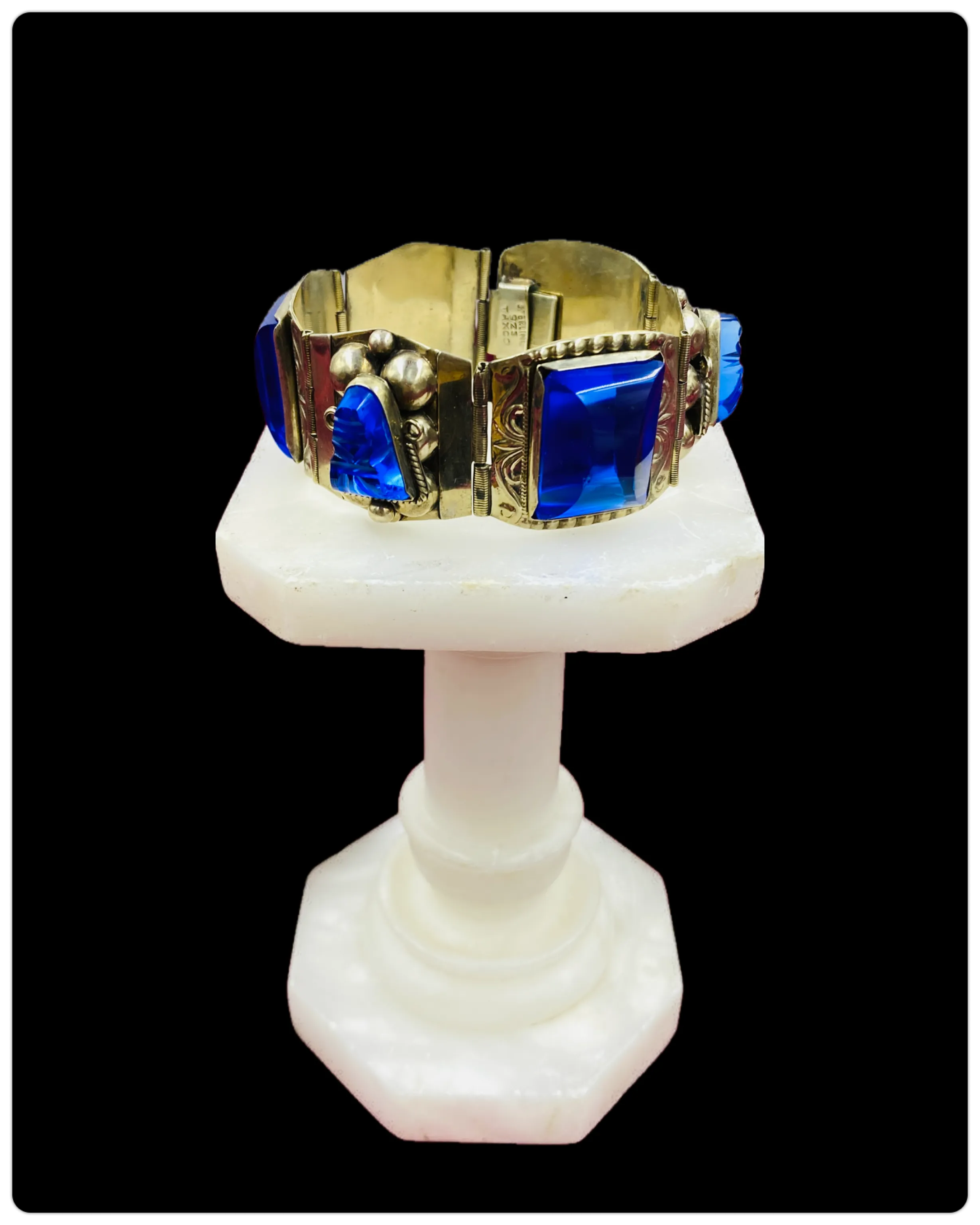 Vintage Taxco Sterling Silver Blue Glass Panel Bracelet