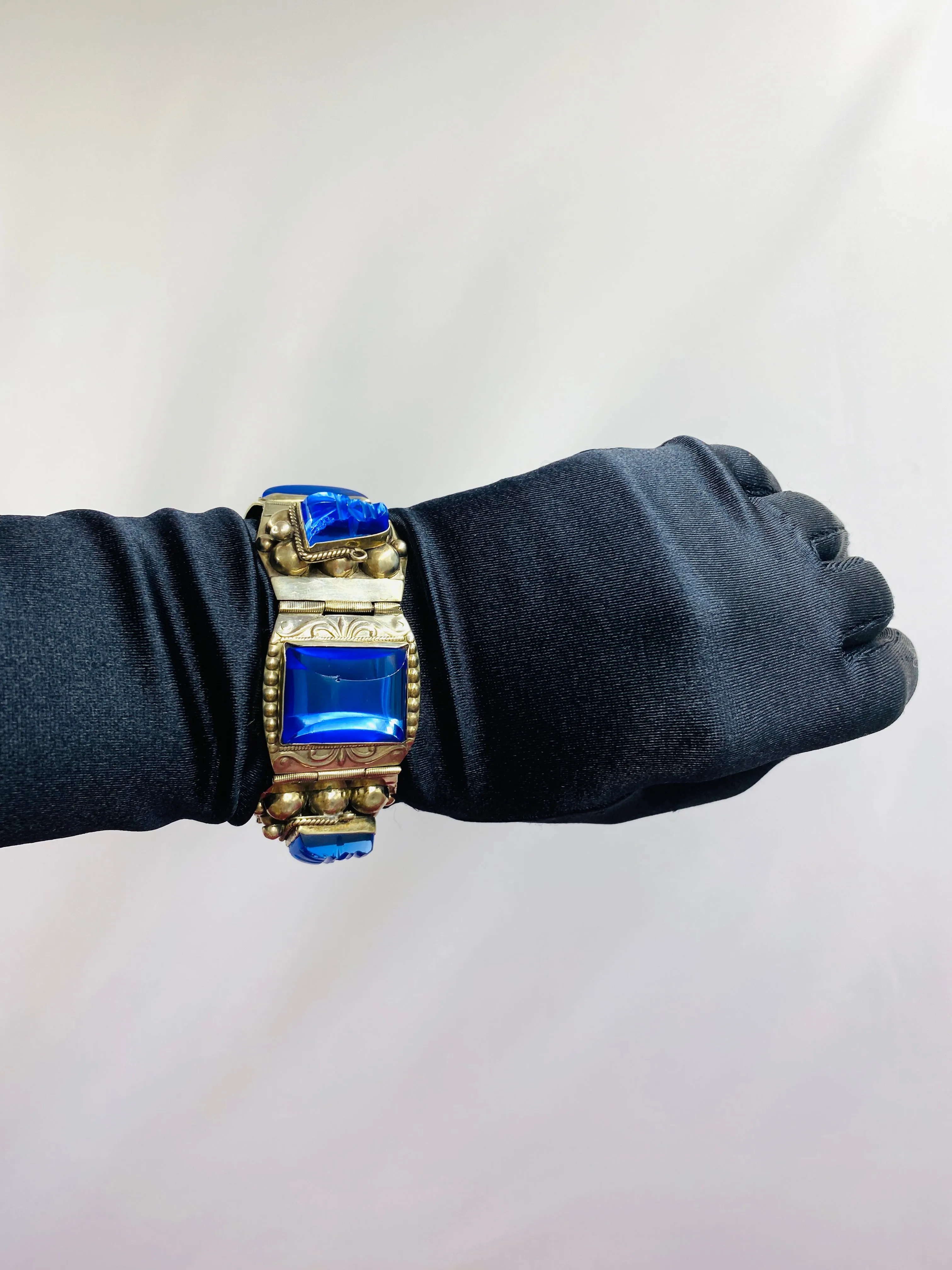 Vintage Taxco Sterling Silver Blue Glass Panel Bracelet