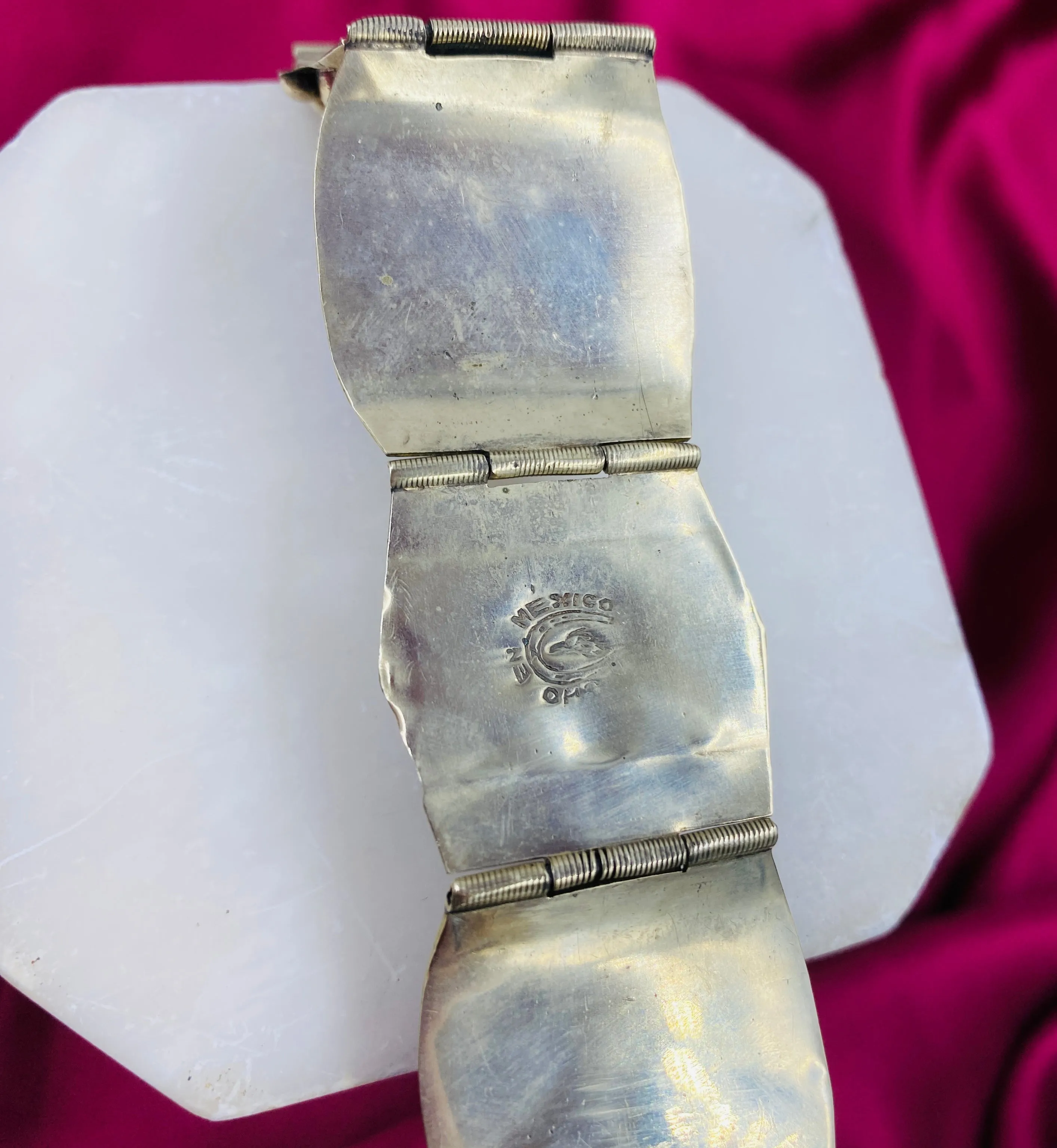 Vintage Taxco Sterling Silver Blue Glass Panel Bracelet
