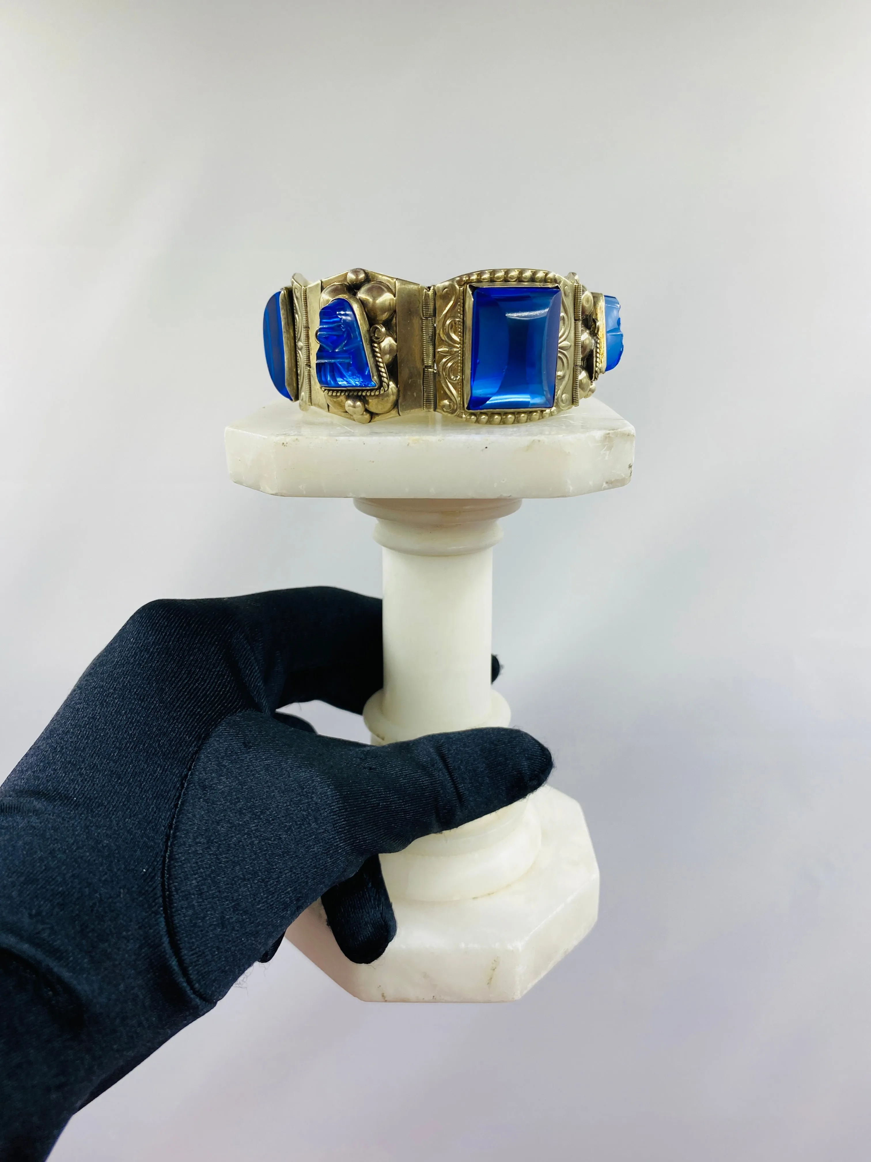 Vintage Taxco Sterling Silver Blue Glass Panel Bracelet