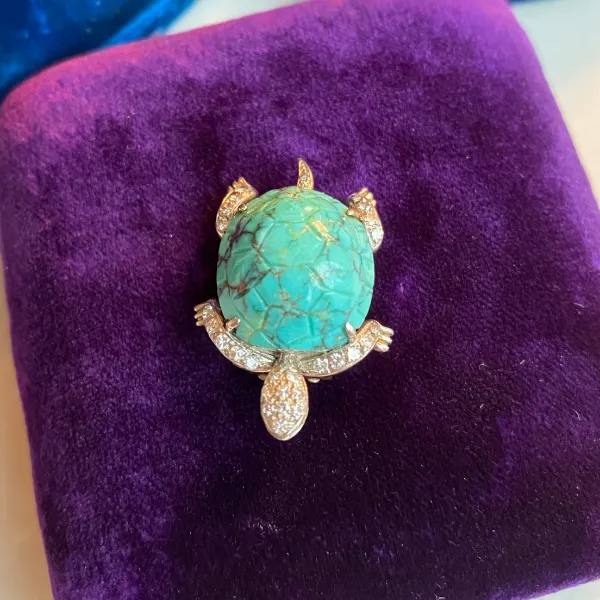 Vintage Turquoise & Diamond Turtle Pin