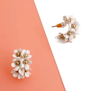 White Flower Open Hoop Earrings Gold Tone Detail